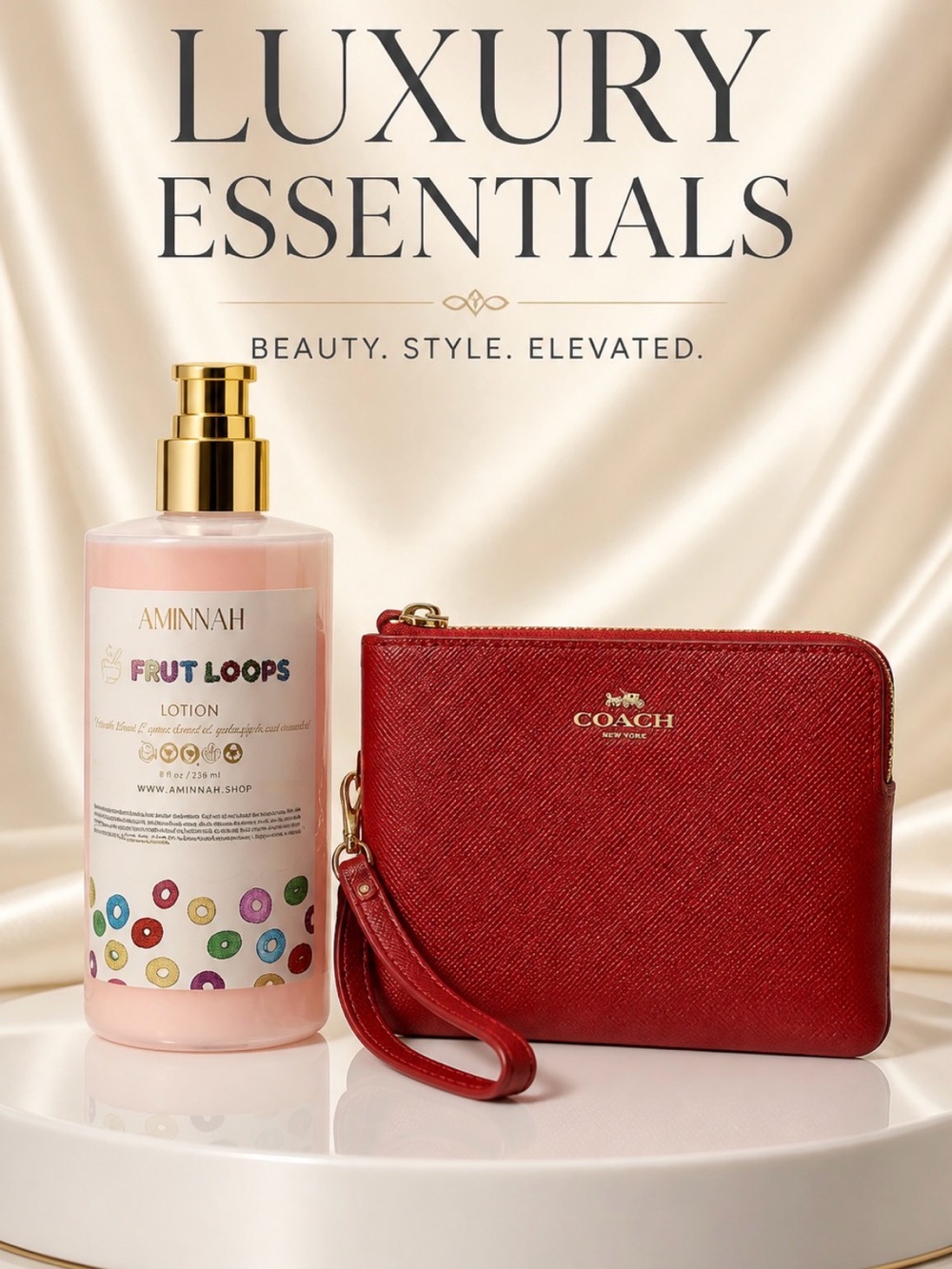 Coach Red Wristlet with Pink Aminnah Fruit Loops Lotion